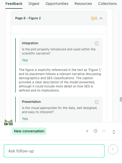 A feedback card assessing "Figure 2," confirming it is properly integrated into the scientific narrative but suggesting more detail on SES definitions.