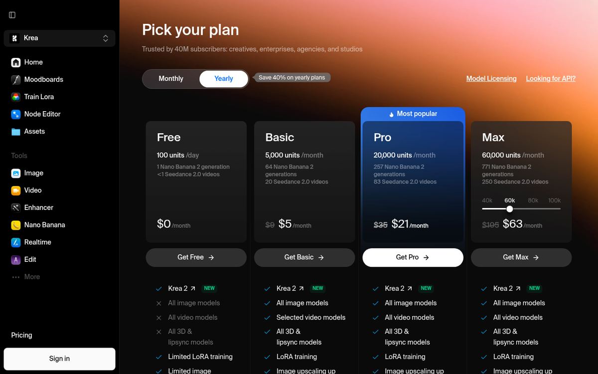 Krea AI live pricing page showing Free, Basic, Pro, and Max plans