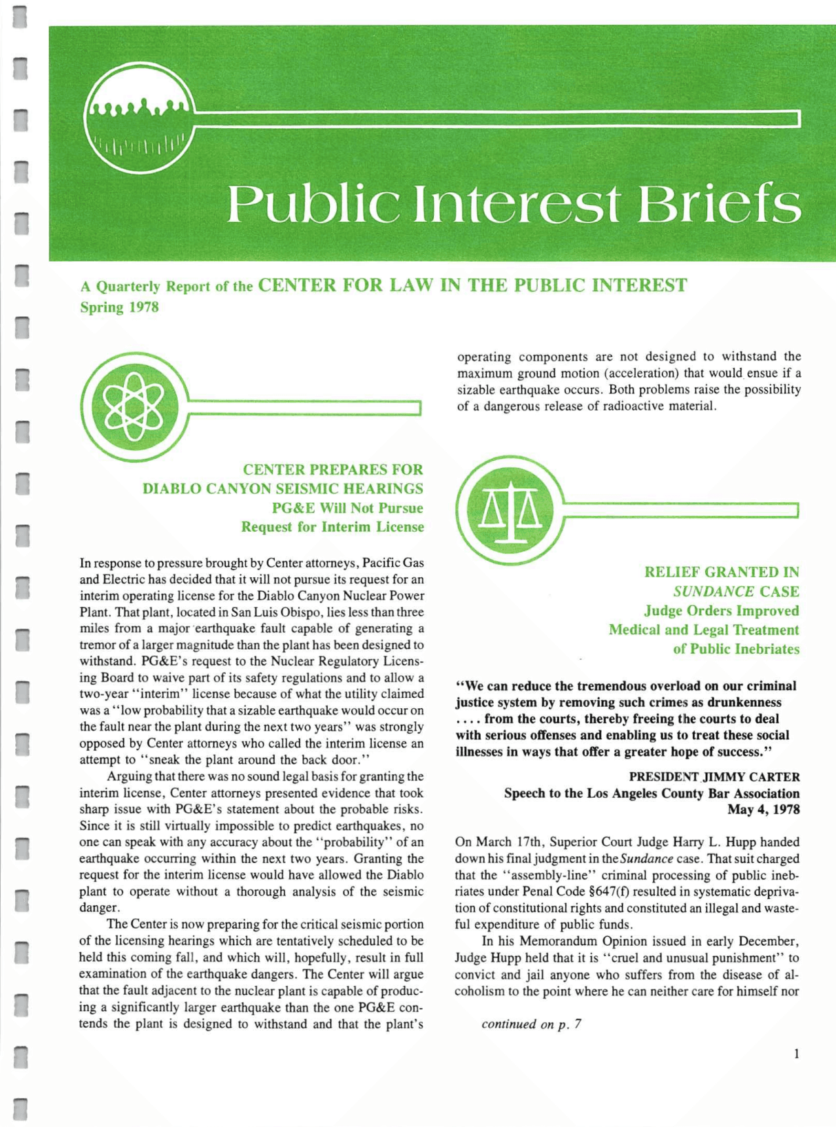 Cover of Center for Law In The Public Interest's Quarterly Report, Spring 1978 Edition Public Interest Briefs