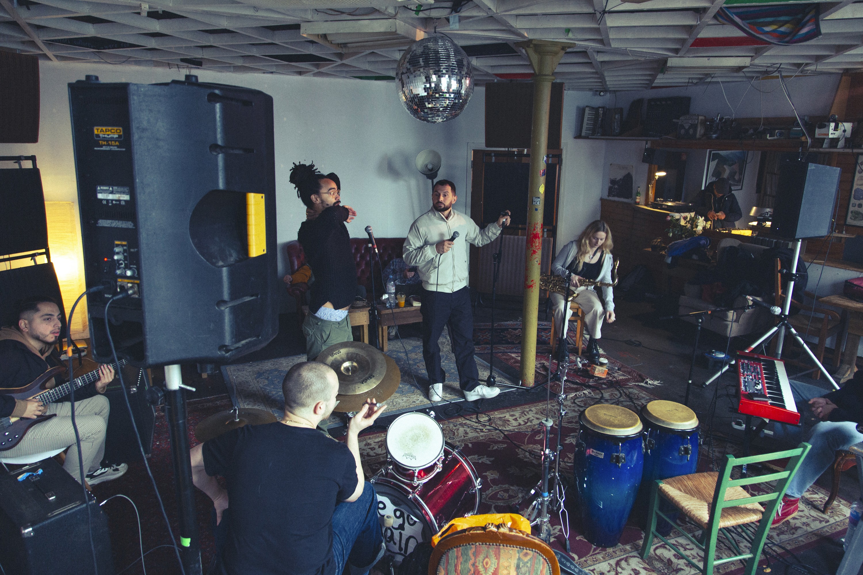Artists practicing in Root 73's rehearsal studio.