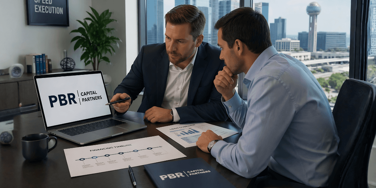 Two men in business attire discuss financial documents in an office. A laptop displays "PBR Capital Partners." The Dallas skyline is visible outside the window.