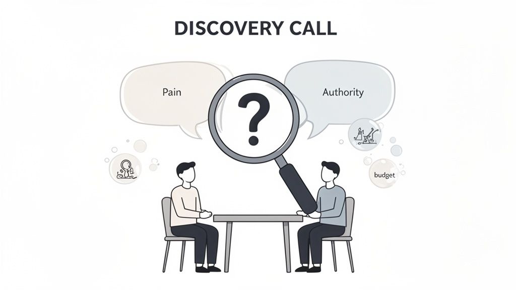 Illustration of a sales discovery call, highlighting pain points, authority, and budget considerations.