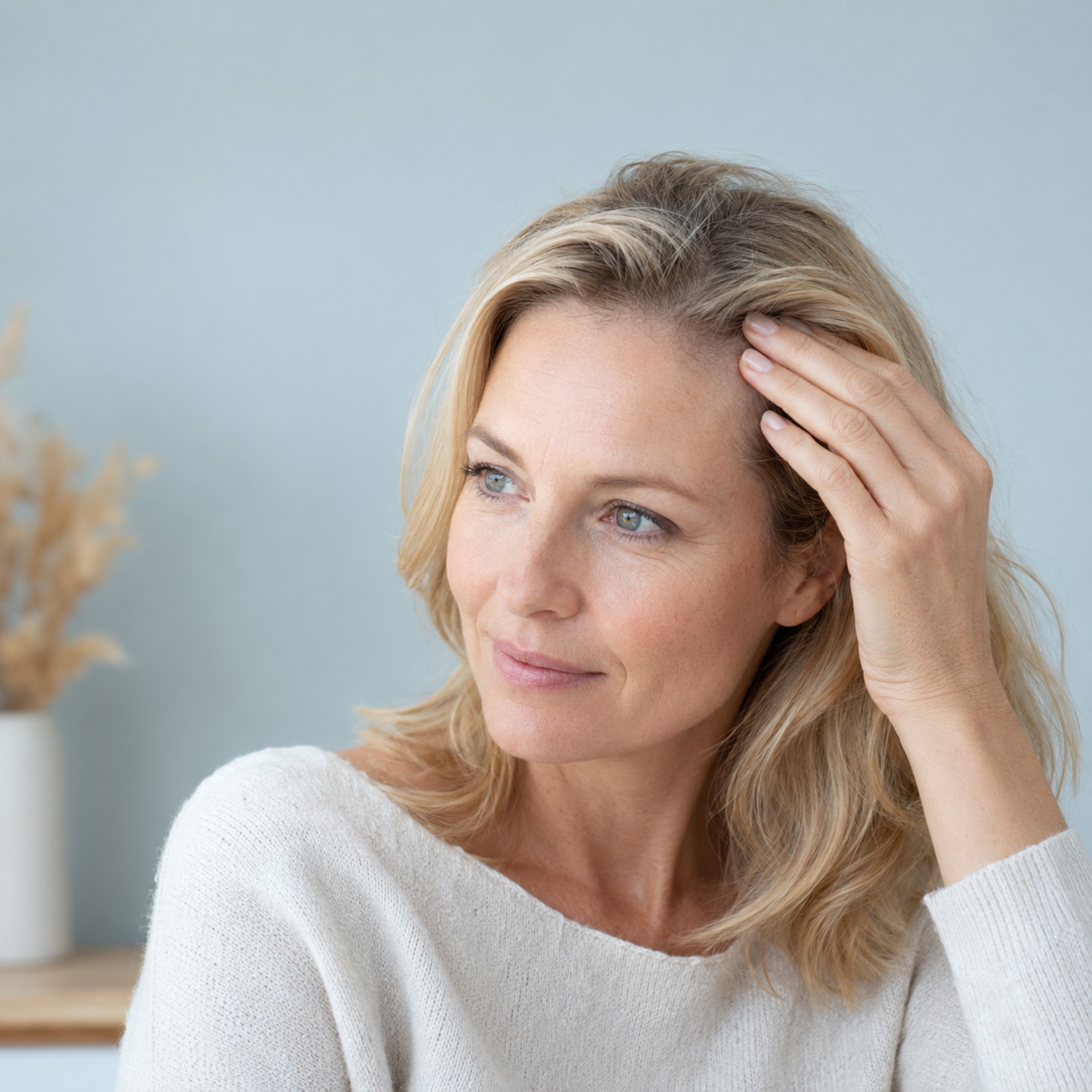 Blonde vrouw met subtiele nieuwe haargroei na plotselinge haaruitval.