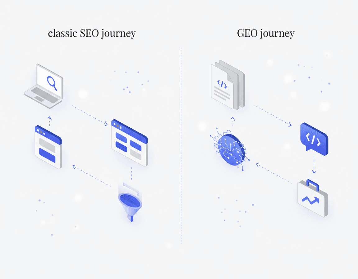 Illustration contrasting a traditional SEO click path with a GEO pathway that flows through AI models to citation