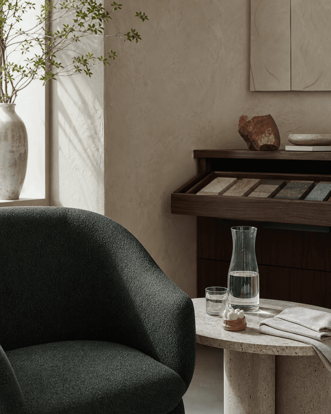AI-generated, human-free consultation still life with linen, tea, and warm natural light