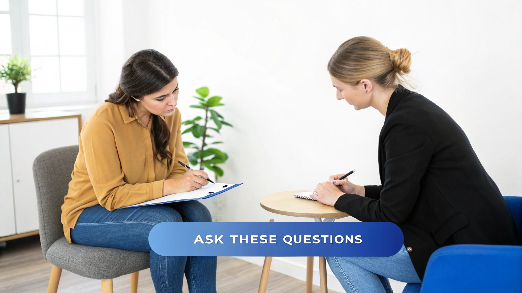 Two women are engaged in a serious discussion, both taking notes on clipboards and notebooks.