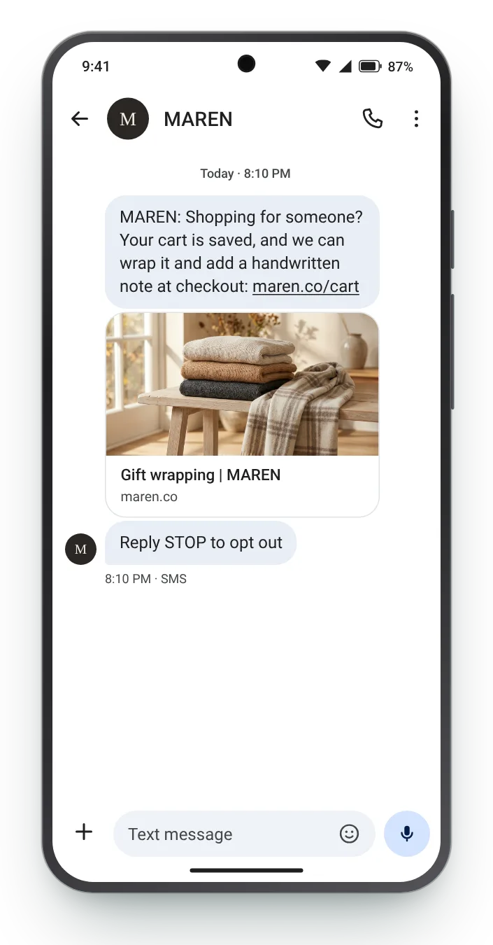 A cart that looks like a present abandoned cart SMS on an Android phone