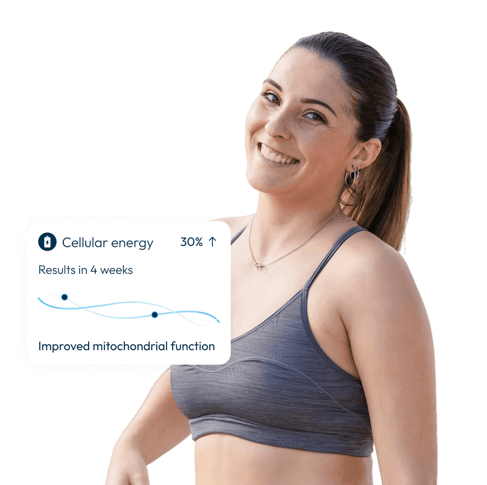A woman with an illustration of his health metrics improvement