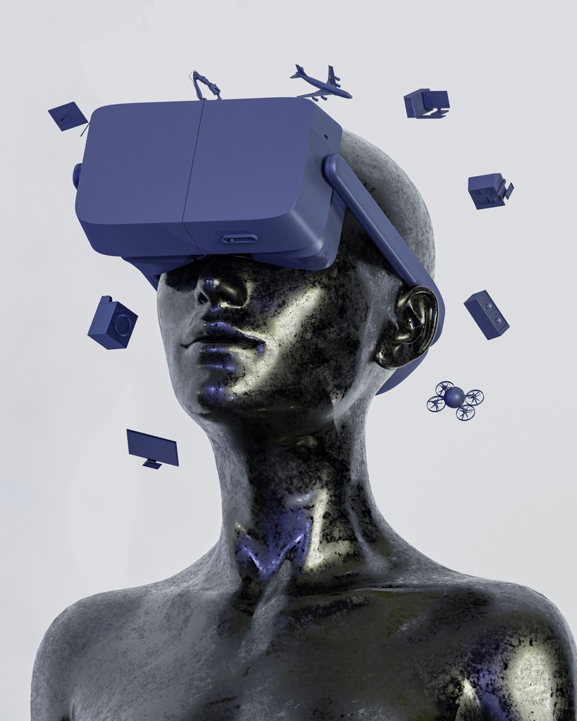 Futuristic digital art of a human figure wearing a virtual reality headset, surrounded by floating technology icons, symbolizing innovation in AI, software, and immersive tech education.