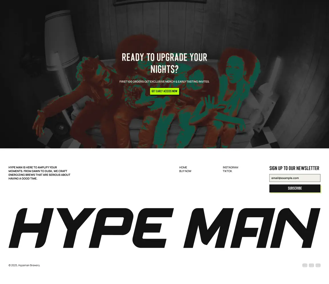 Website mockup with stylized illustration of characters dancing under club lights for the Hypeman brand.