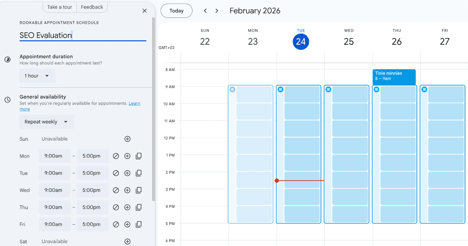 Setting availability in Google Calendar.