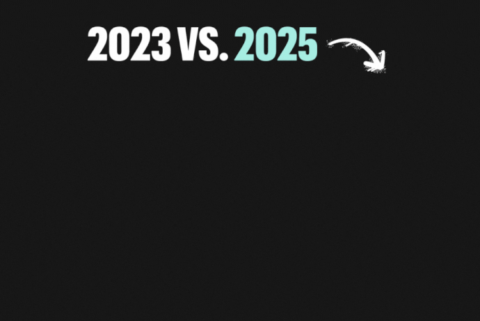 Text on black background reading '2023 VS. 2025' with 2025 in light blue and a white hand-drawn arrow pointing to a graph that compares stats between the two years.