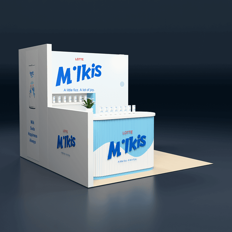 10x10 retail product showcase booth with beverage shelves, reception counter, and storage