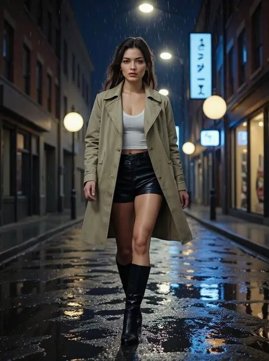 AI TikTok video generator shows moody fashion walk in rain.