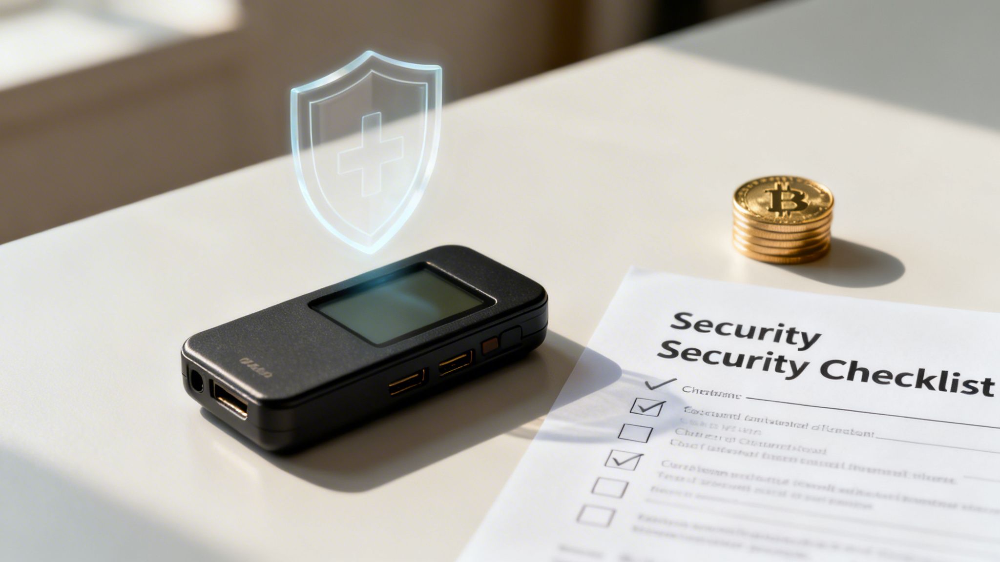A crypto hardware wallet with a security shield icon, Bitcoin coins, and a security checklist document.