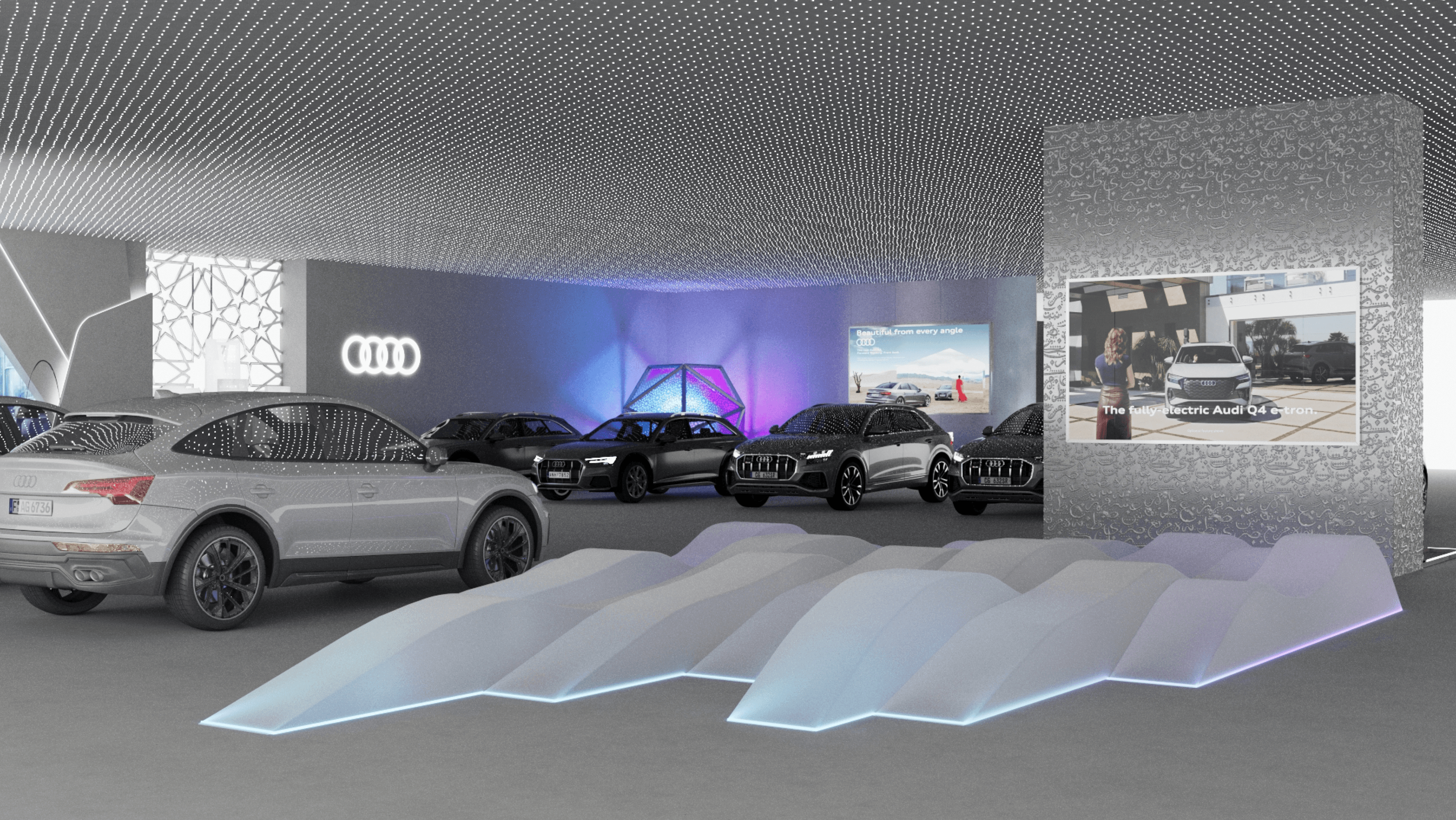 Additional render of the Audi flagship showroom exhibition space in Dubai, designed by our team