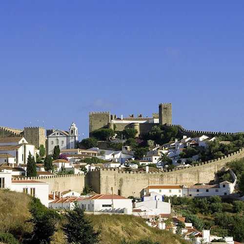 قلعة على قمة تل محاطة بأسوار حصينة وقرية صغيرة من المباني البيضاء ذات الأسقف القرميدية الحمراء تحت سماء زرقاء صافية.