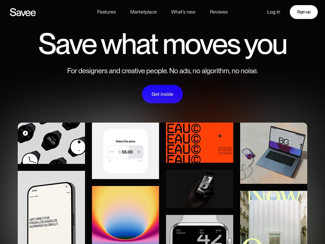 Website for creative designers, featuring bold text and diverse visual content.