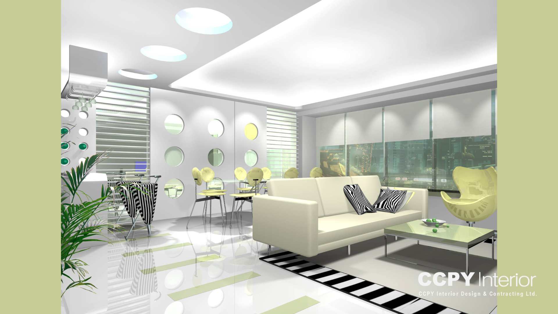 A luminous luxury house interior at Mount Pavilia featuring a blue velvet sofa, an Eames-style lounge chair, and a grand crystal chandelier.