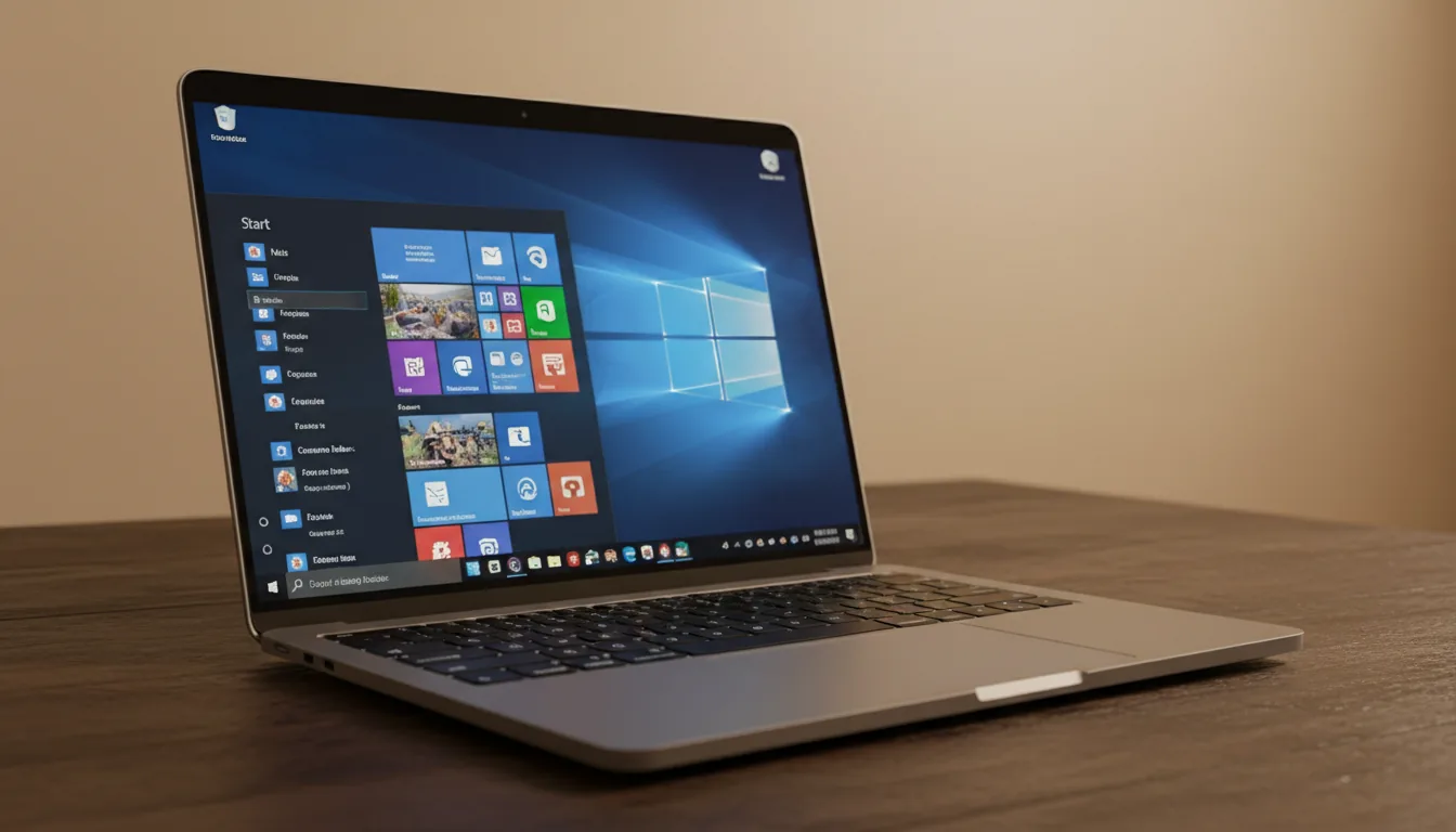 DSLR photograph of a space gray MacBook Air laptop resting on a dark textured desk, angled towards the viewer. The screen is brightly displaying the Windows 10 operating system with the Start Menu open, filled with colorful application tiles and UI elements. The scene is captured with soft, warm indoor lighting, with a shallow depth of field that keeps the laptop in sharp focus while gently blurring the plain, warm-toned wall in the background.