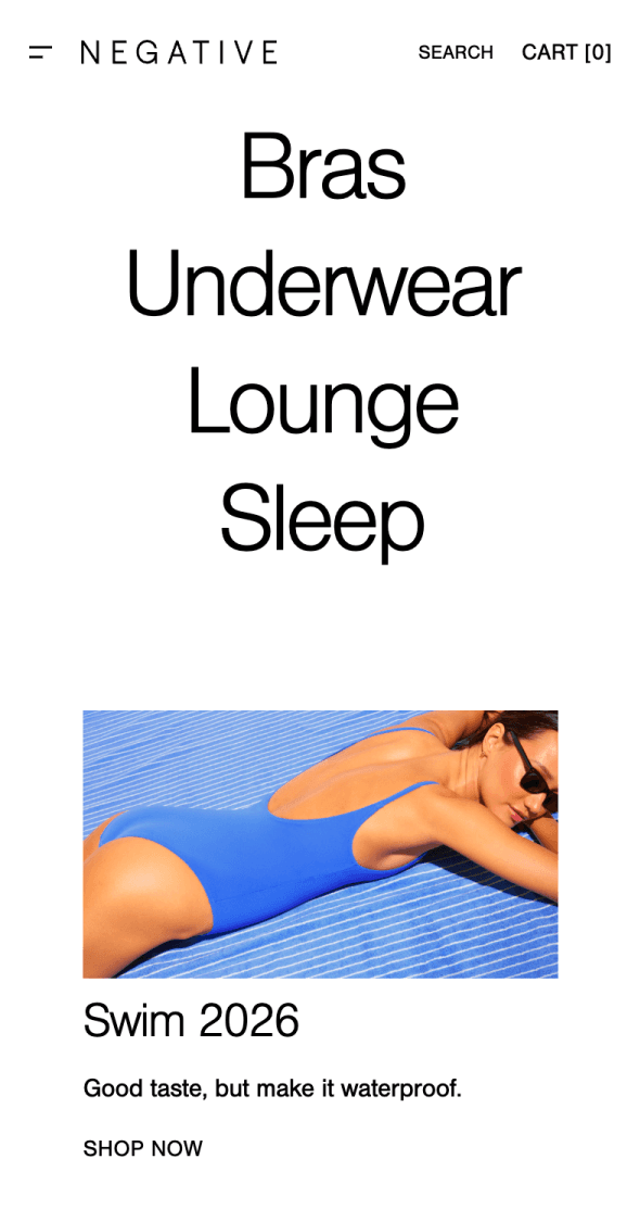 Mobile navigation page for Negative Underwear showcasing lingerie categories