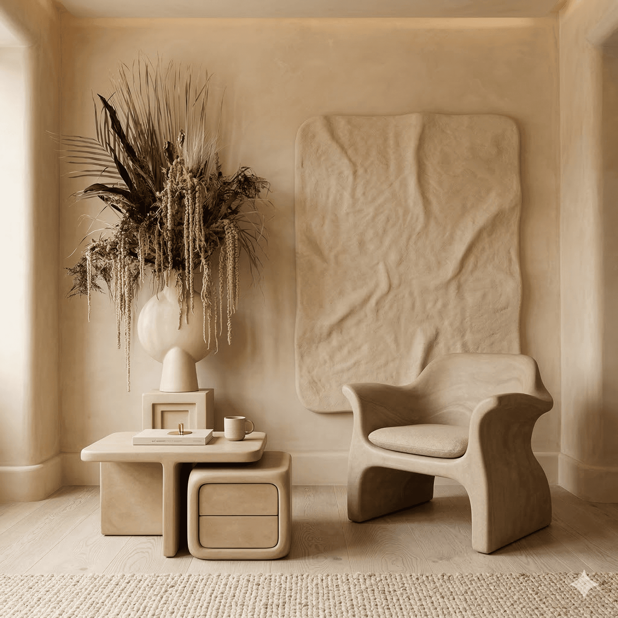 Modern staircase with glass balustrade, walnut flooring, and large windows overlooking a forest.