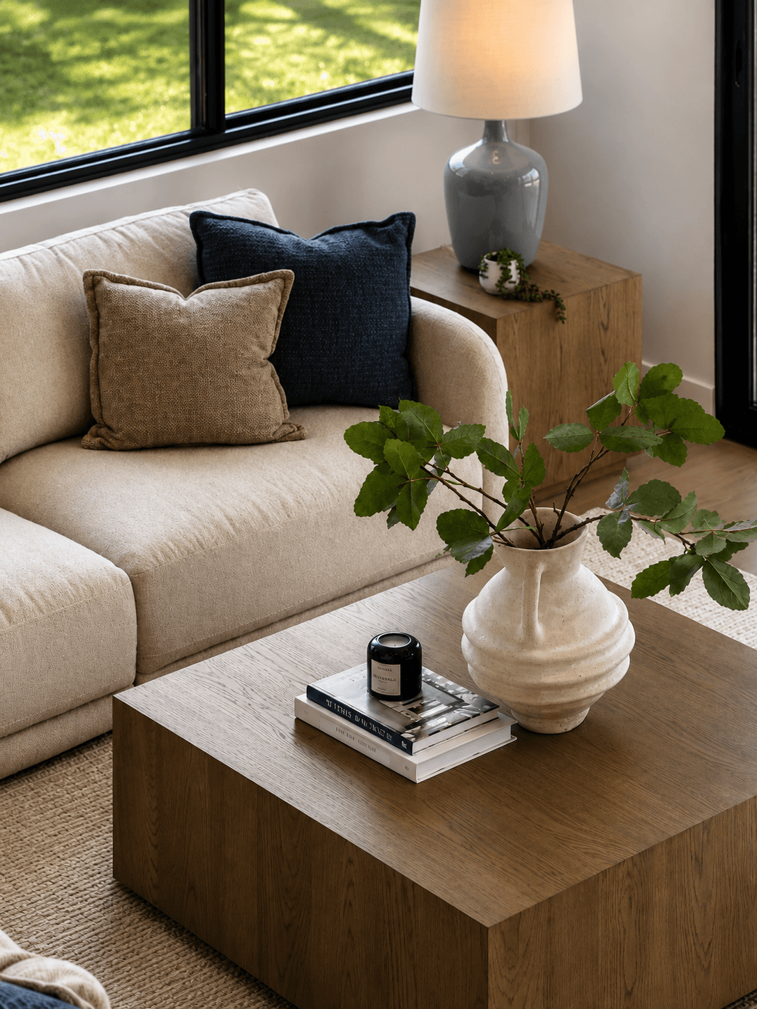 Cozy staged living room corner with a neutral sofa and wood coffee table
