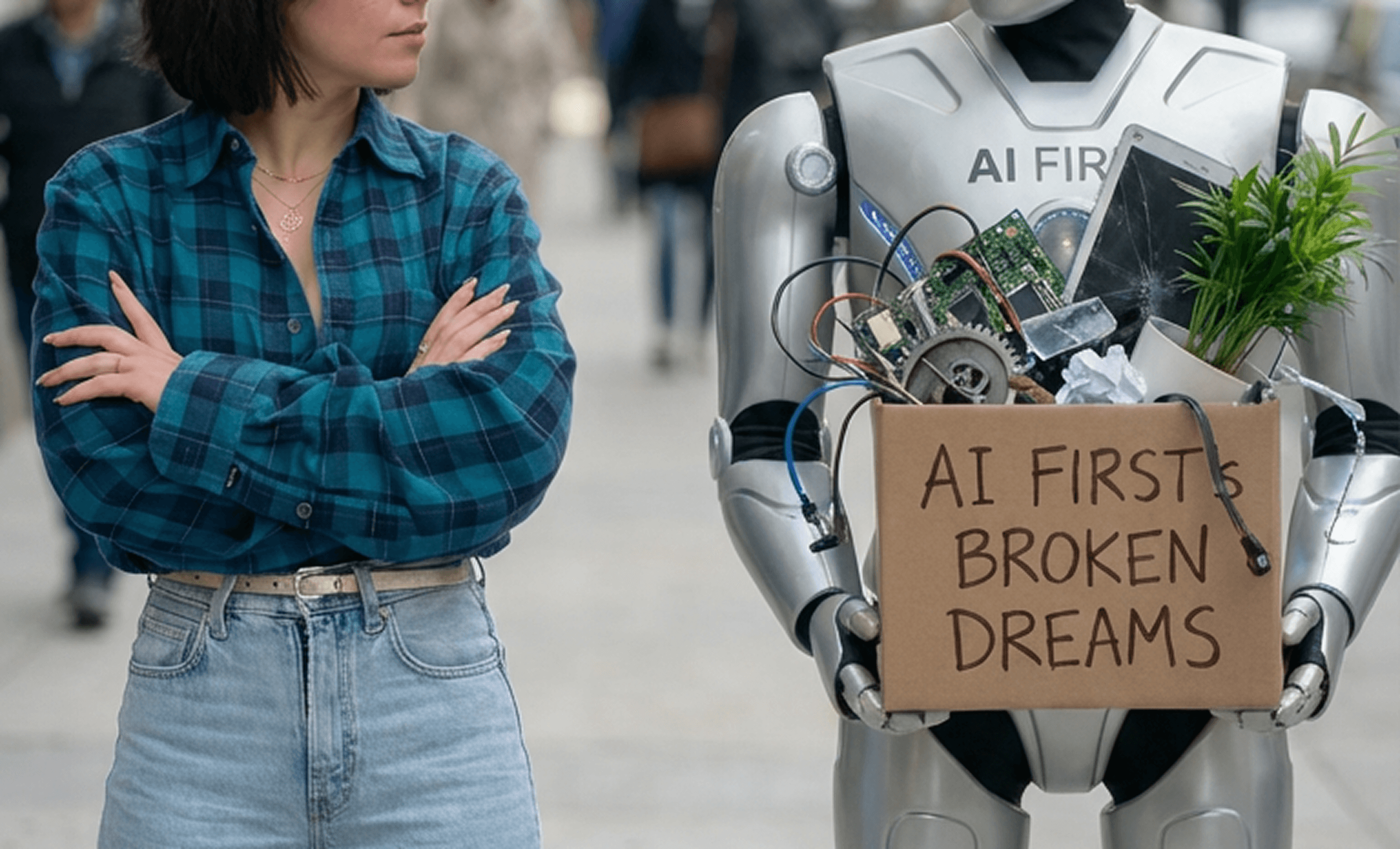 A woman stands with her arms crossed looking at a robot labelled AI FIRST which is carrying a box of chaotic and broken items, the box is labeled "AI First's Broken Dreams".