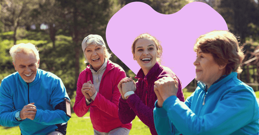 four-people-exercising-on-grass-with-pink-heart-in-background