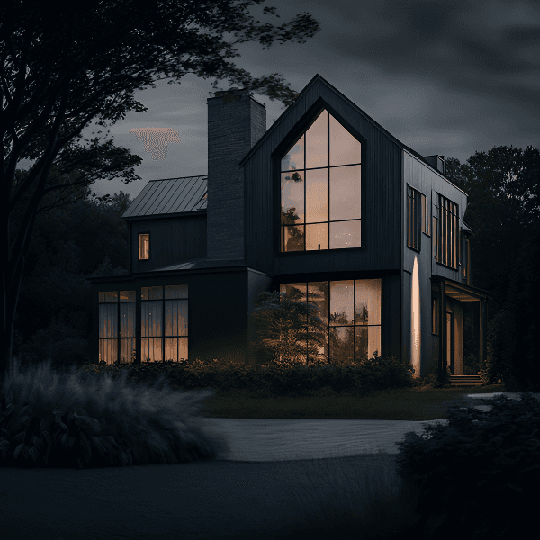 Dark modern farmhouse with illuminated gabled windows and metal roof photographed at twilight