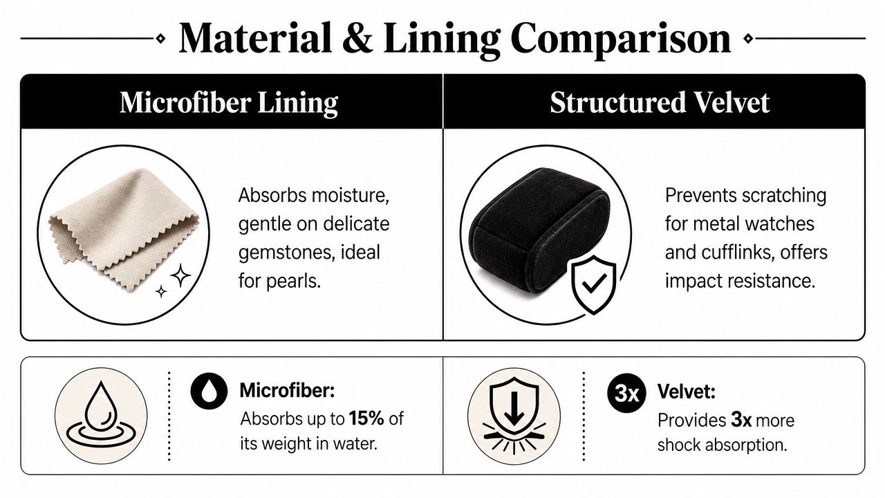 A comparison chart showing benefits of microfiber lining versus structured velvet for storing jewelry and watches.