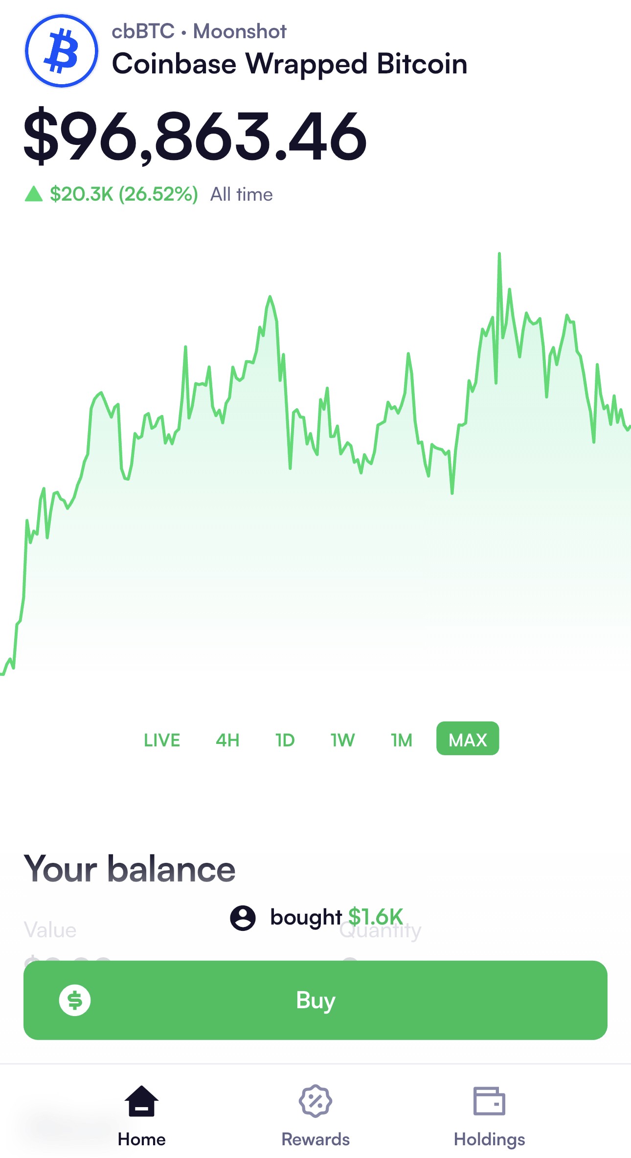 Moonshot app screen with Bitcoin buy options and price chart