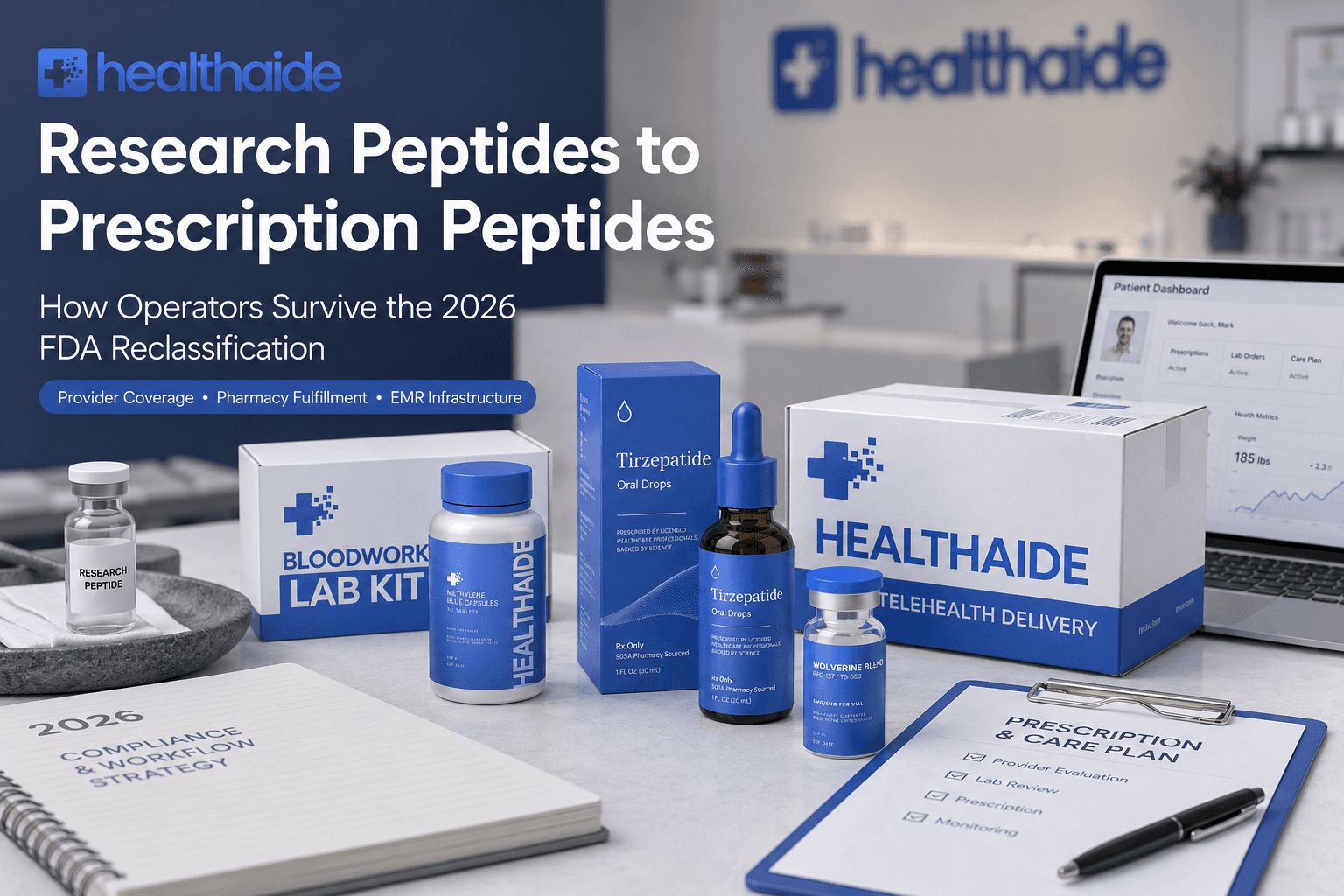 Healthaide-branded peptide vials, lab kit, telehealth delivery box, patient dashboard, and prescription care plan on a clinic desk, illustrating the shift from research peptides to prescription peptide programs in 2026.