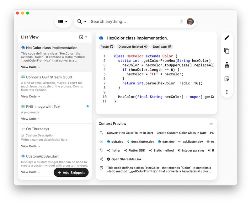 The new list view in the Pieces for Developers Desktop App.