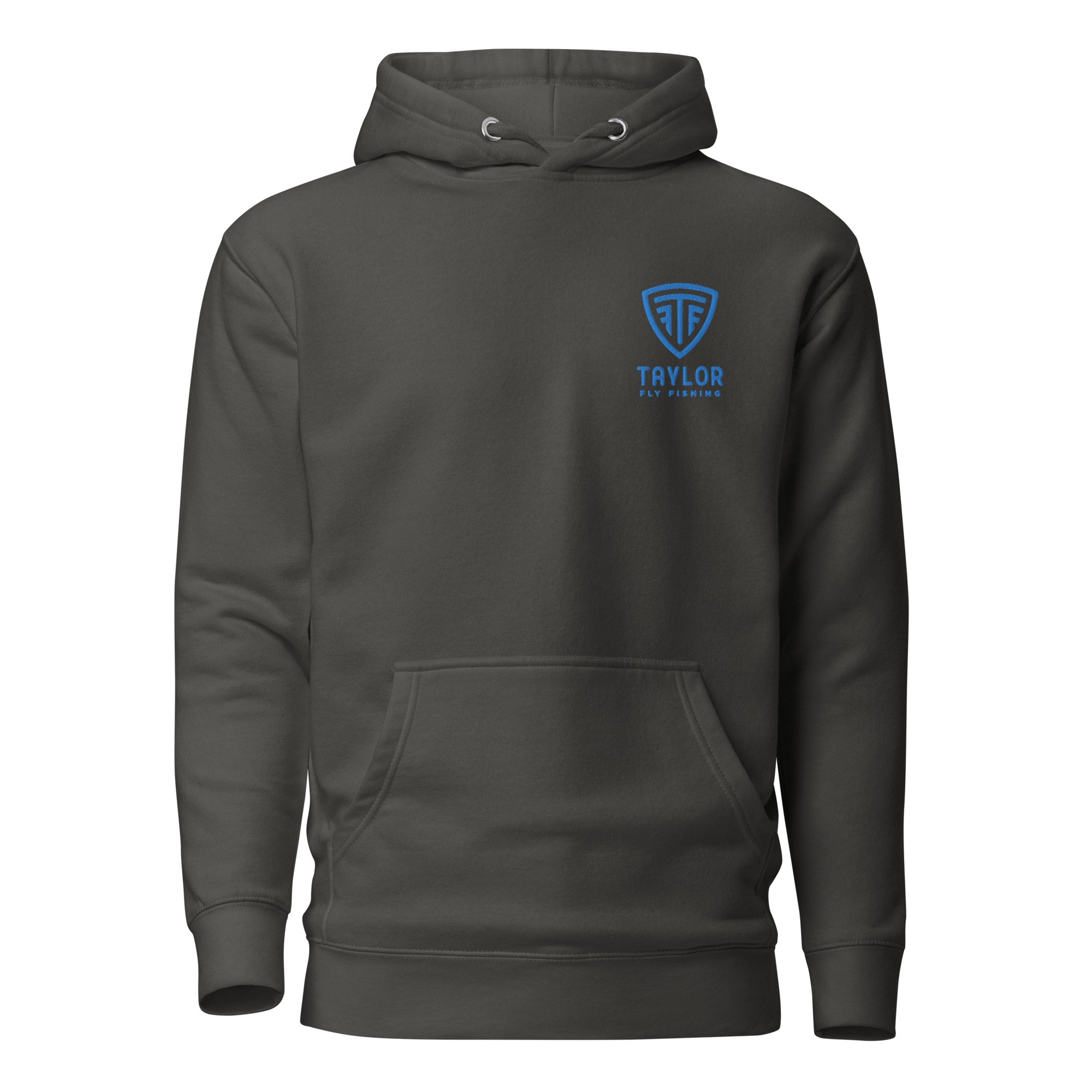 TAYLOR FLY FISHING HOODIE.  GREY WITH BLUE