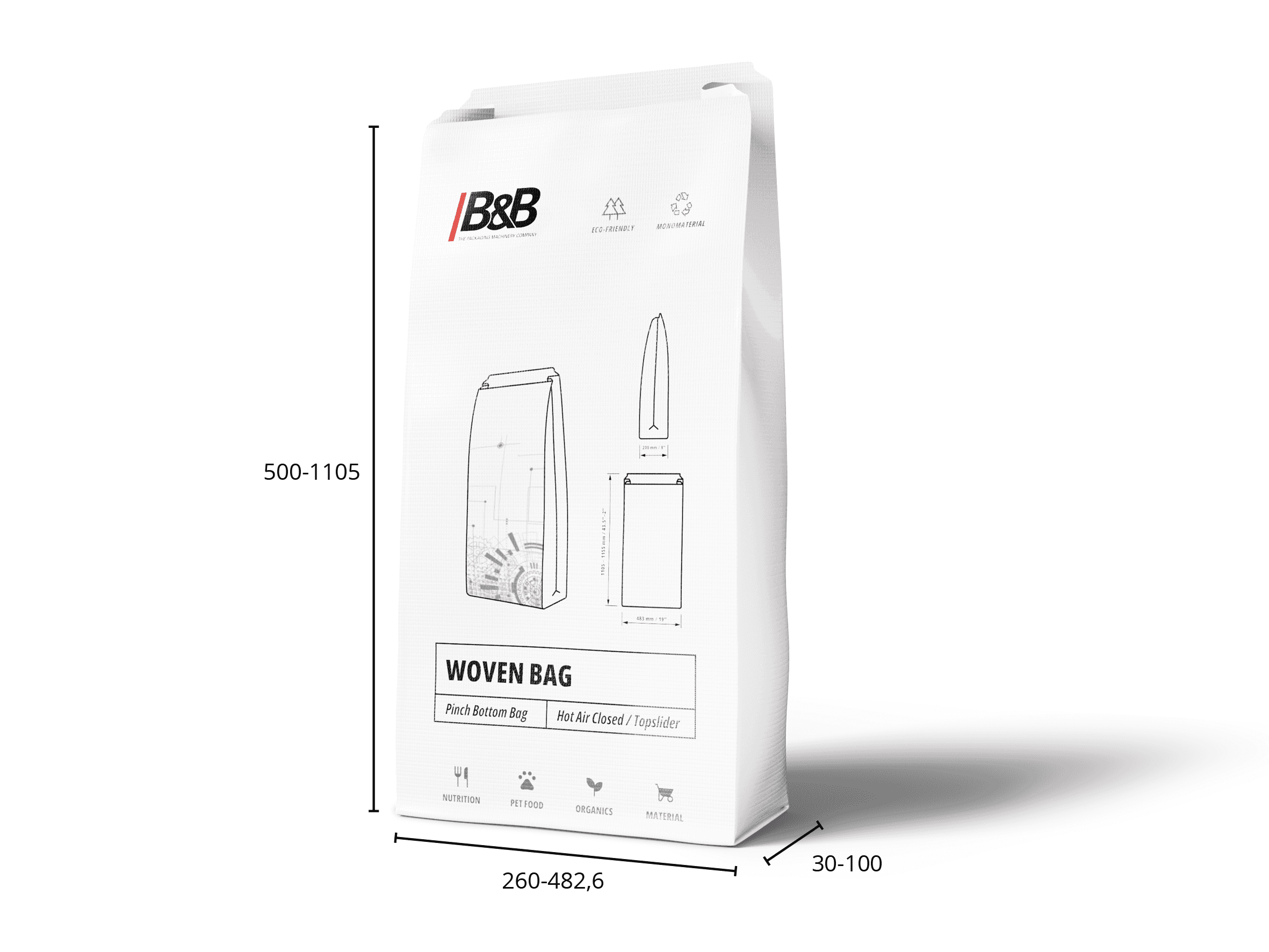 Weiße gewebte Tasche mit B&B Logo, ideal für Verpackung und Transport. Abmessungen: 500-1105 x 260-482,6 x 30-100mm