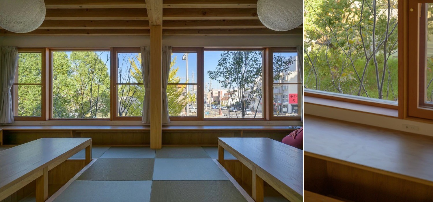 2階の打ち合わせスペースは、窓からも緑を感じられるように配慮されており、スタッフの寛ぎの時間にも使われている。