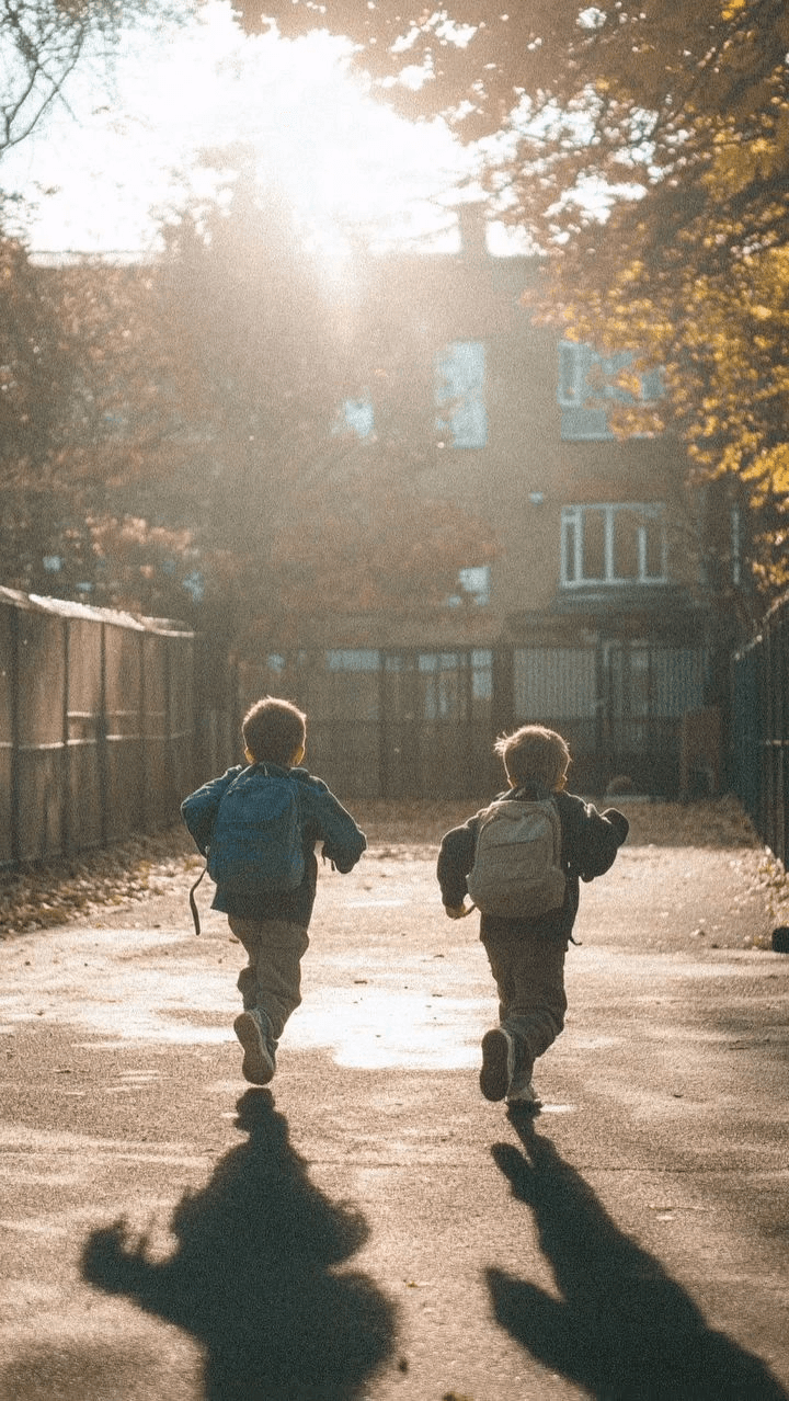 deux enfants qui courts avec un sac à dos