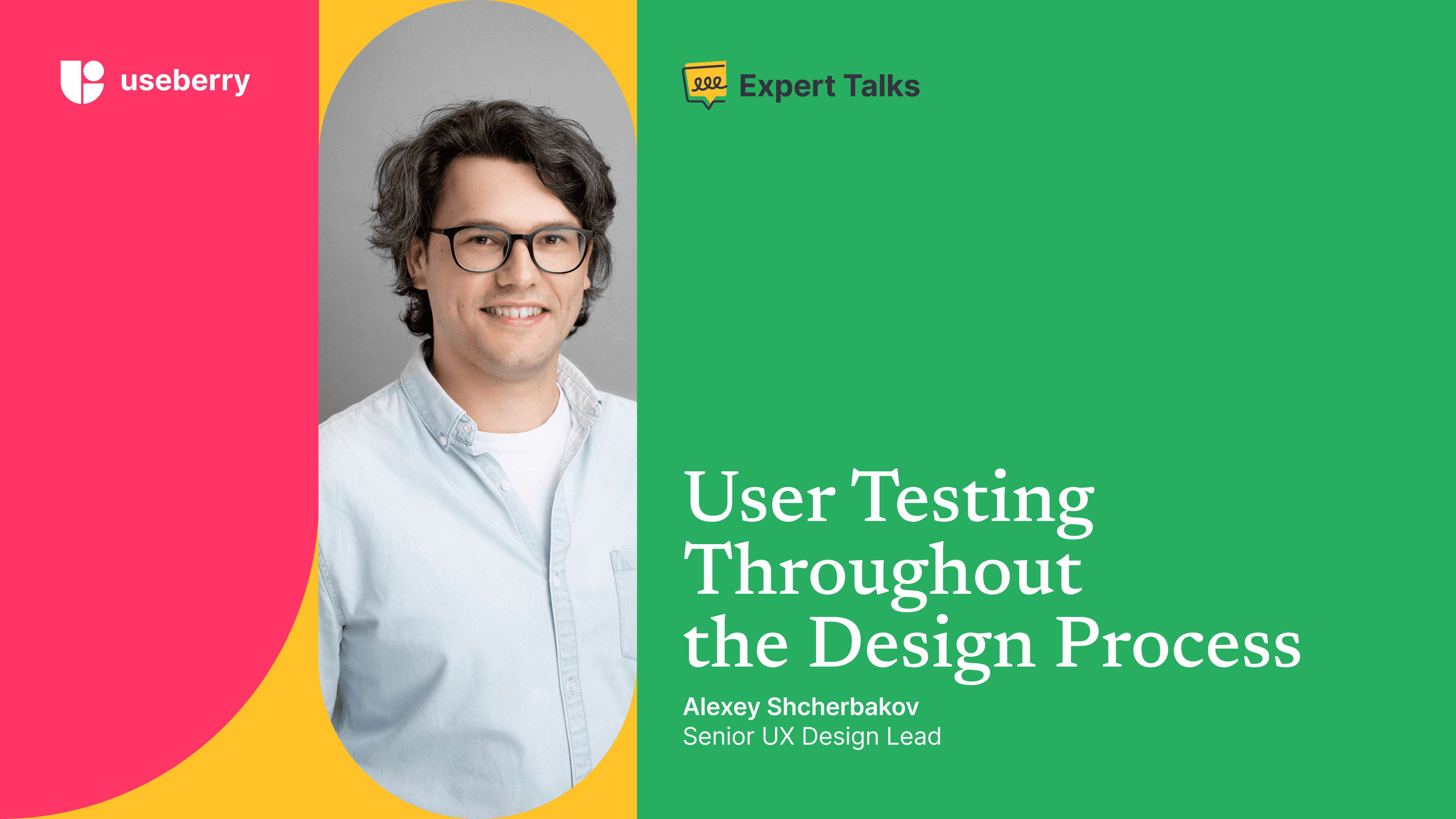 Showing the Useberry Expert talk guest and the topic of AI in UX design prominently, pointing out the topic of the interview.