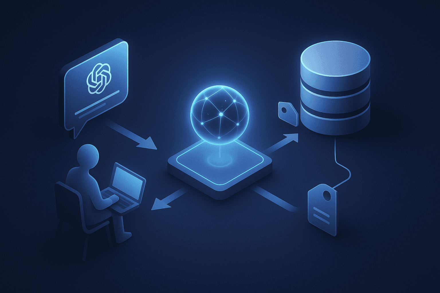 Isometric flow of user-ChatGPT-connector-CRM with tag icon showing external ID linkage