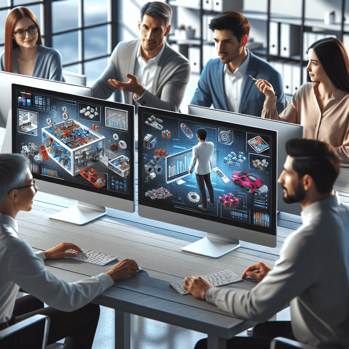 Team of professionals collaborating on 3D product renderings for an e-commerce platform, showcasing innovative design and product visualization on dual monitors.