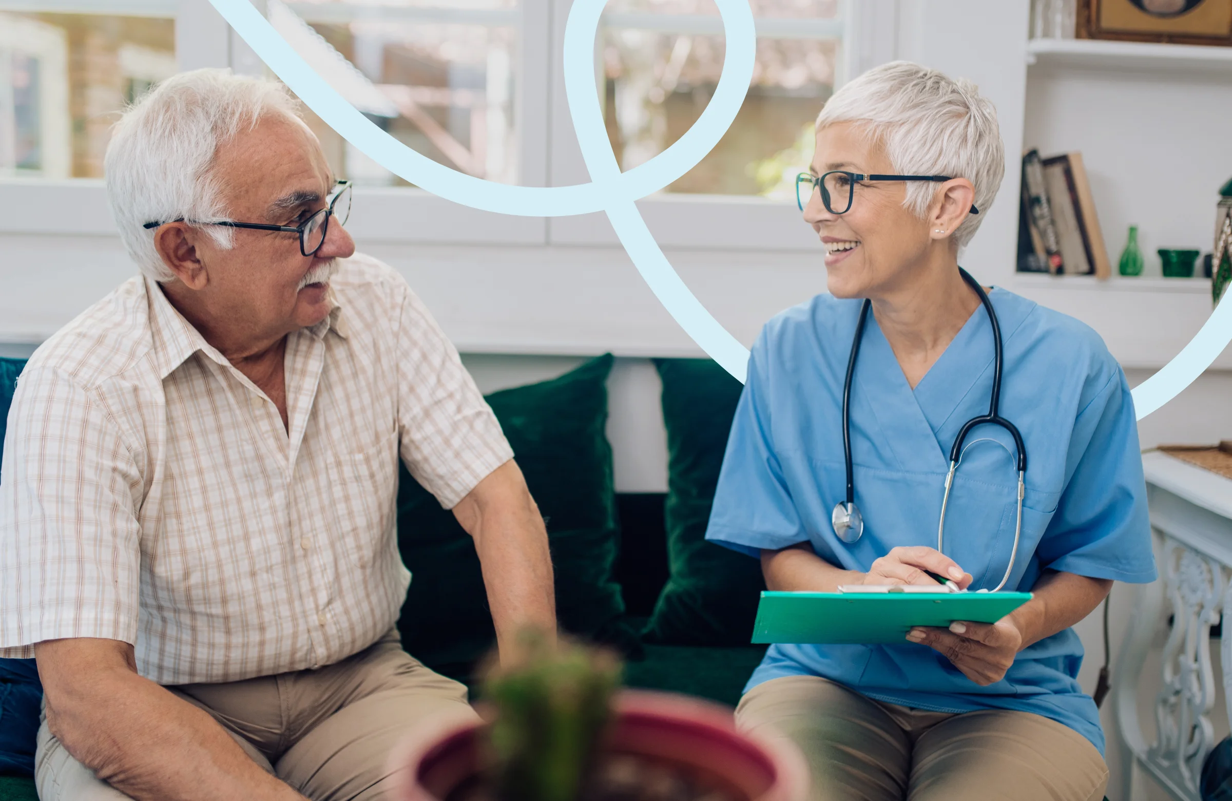 Community nurse providing bowel health assessment to older client at home in Brisbane