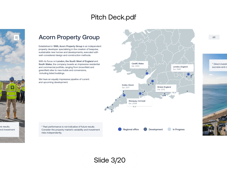 Acorn Property Group pitch deck slide with a UK map