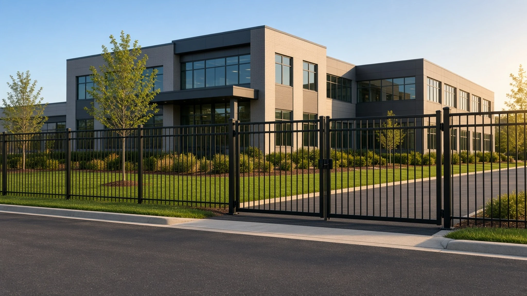 Black aluminum fence and double drive gate at a suburban office building entrance