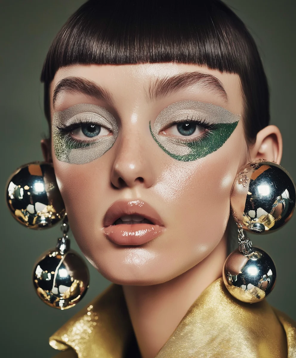 Close-up of a woman with bold metallic makeup, dramatic green and silver eyeshadow, and large silver earrings.
