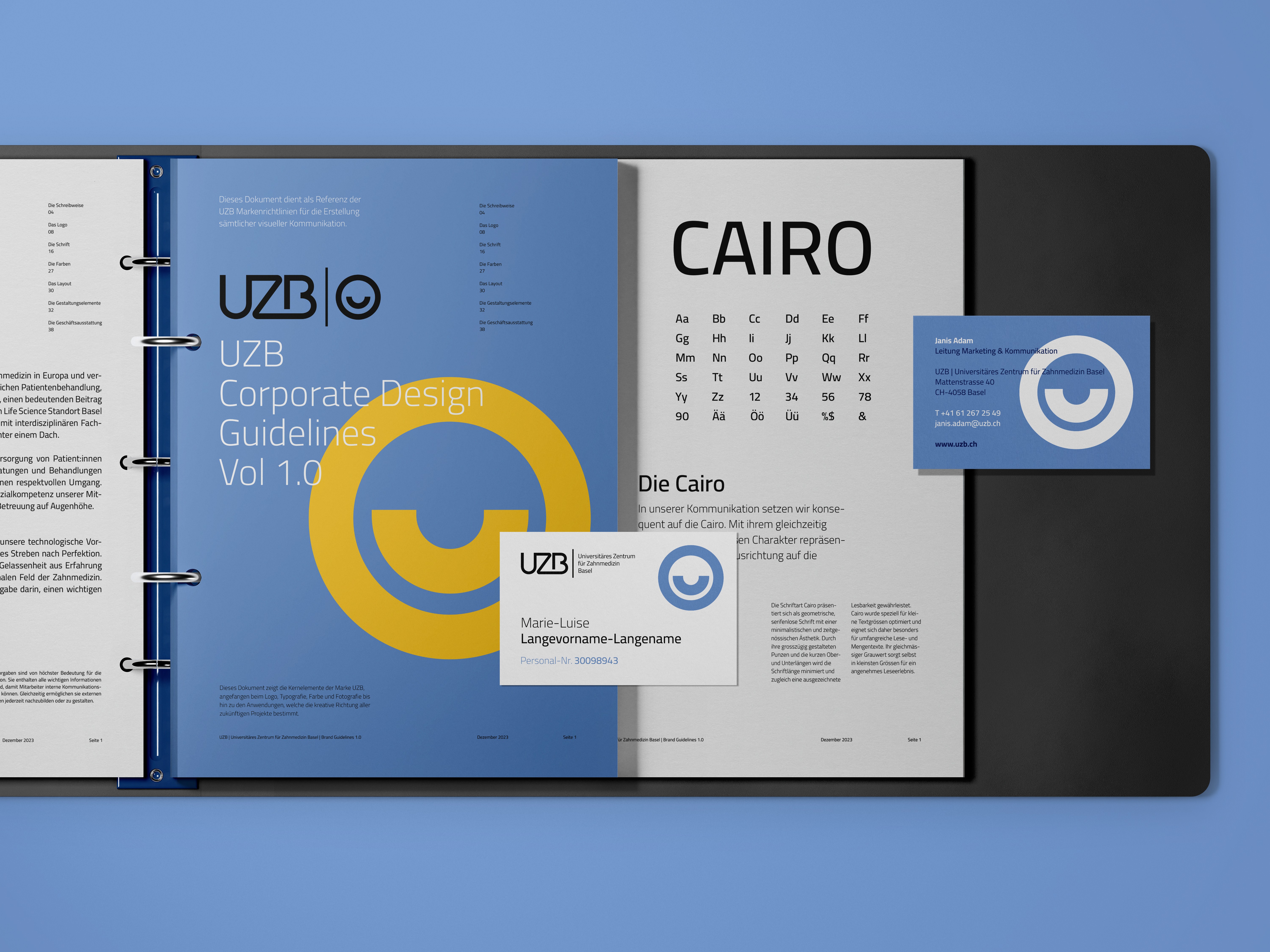Corporate Design der UZB Basel – definierte Farbwelt, Typografie und Layoutsystem für eine klare Markenkommunikation.