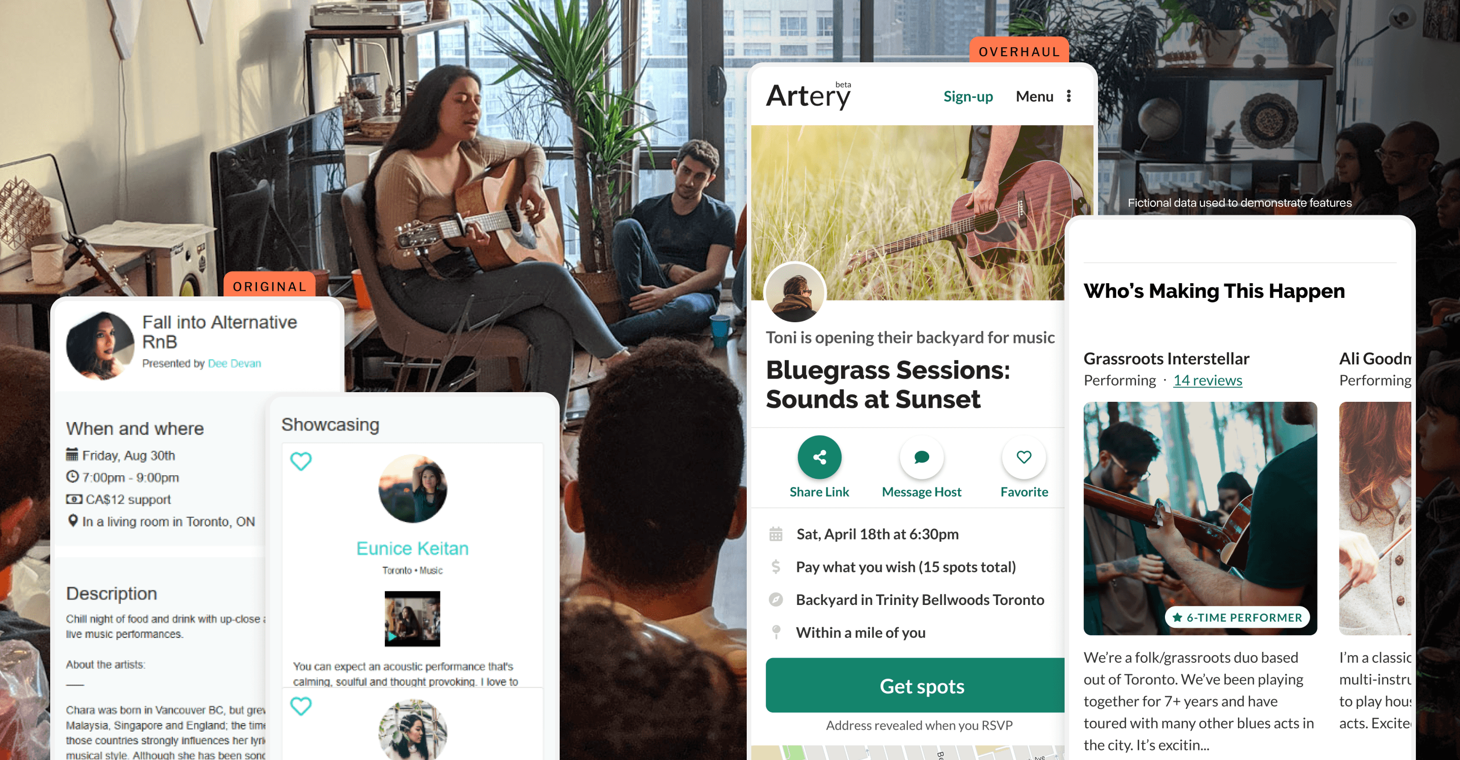 A comparison between the old Artery events page and the new design. In the background there’s a woman playing guitar in a living room to a small crowd of people.