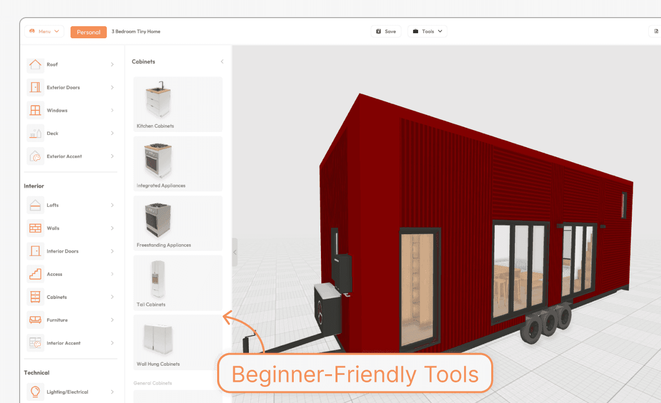 Beginner-Friendly design tools in our 3D Tiny House Design Software