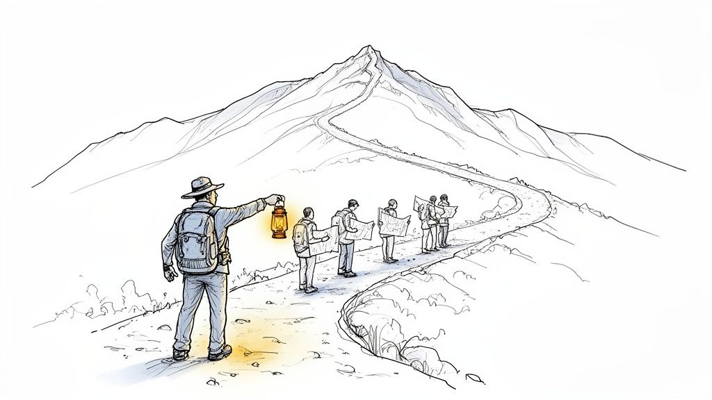 A leader with a glowing lantern guides a group of map-reading trekkers up a mountain path.