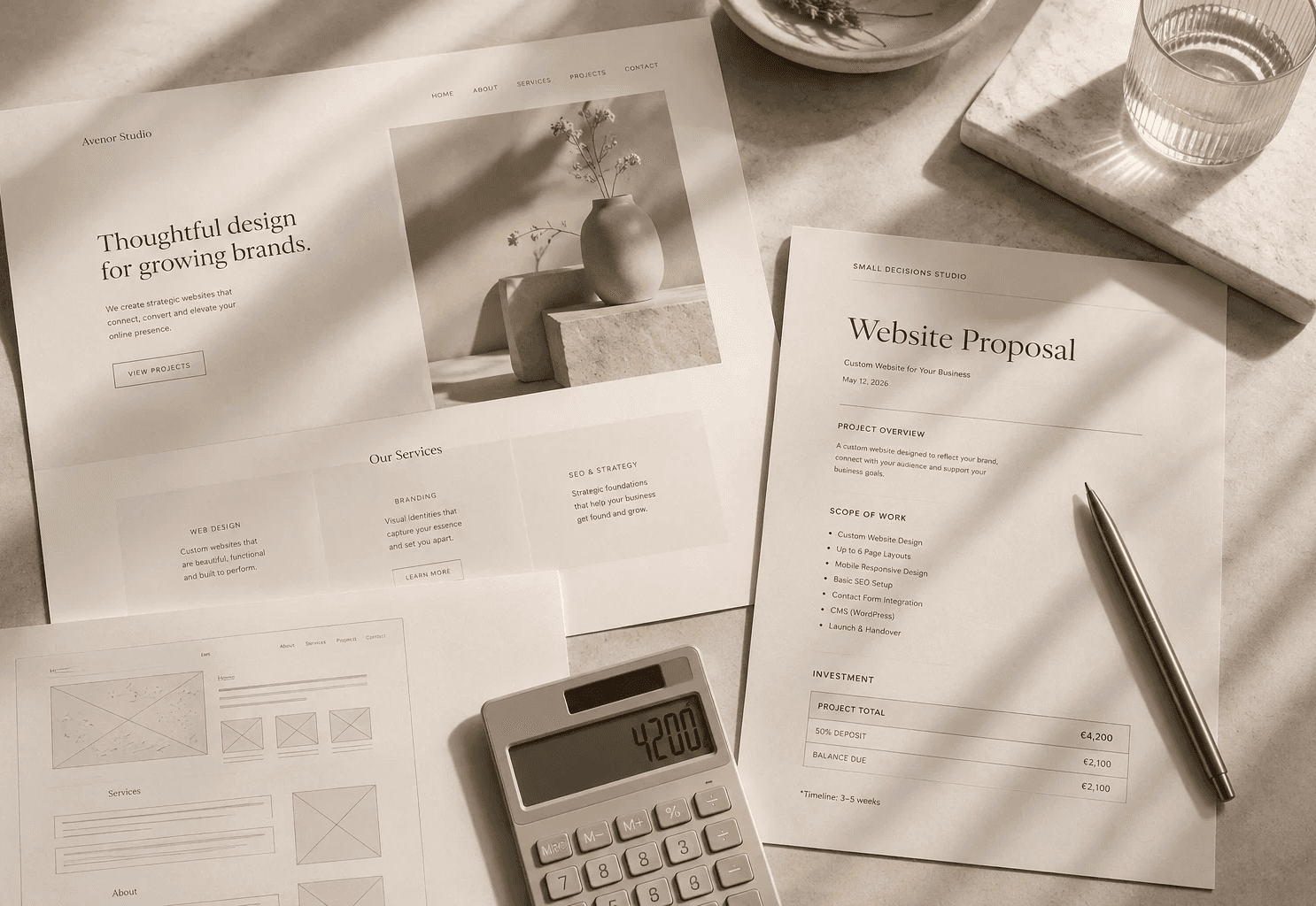 Small business web design pricing proposal with design mockups and calculator 
